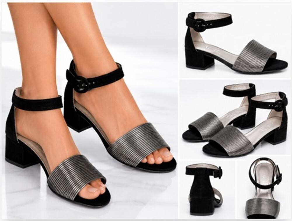 AGL Block Heel Sandals Gunmetal Metallic Black Suede Ankle Strap Womens EU 38.5